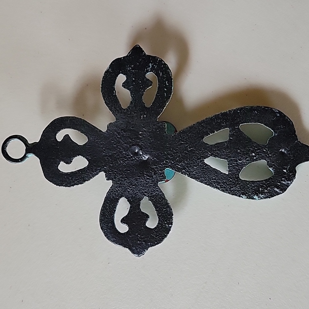 Cast Iron Cross with Red Flower In Center- Blue Patina - Picture 3 of 4